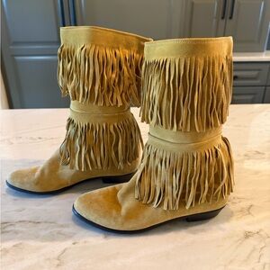 Vintage Emme Uno Suede Boots Fringe Mustard Yellow Mid Calf High  7.5 Italian